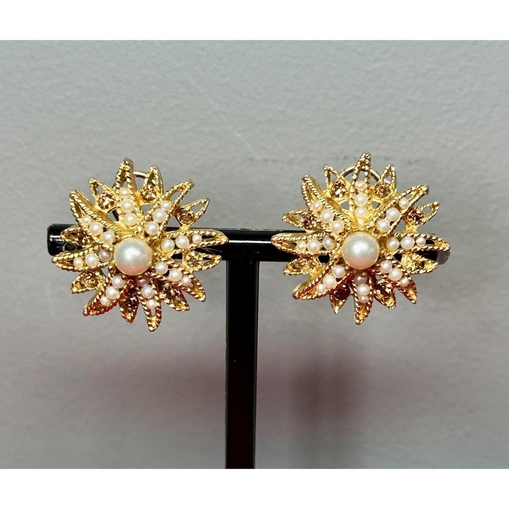 Vintage BSK Gold Tone Starburst Clip On Earrings Faux Pearl Atomic Mid Century